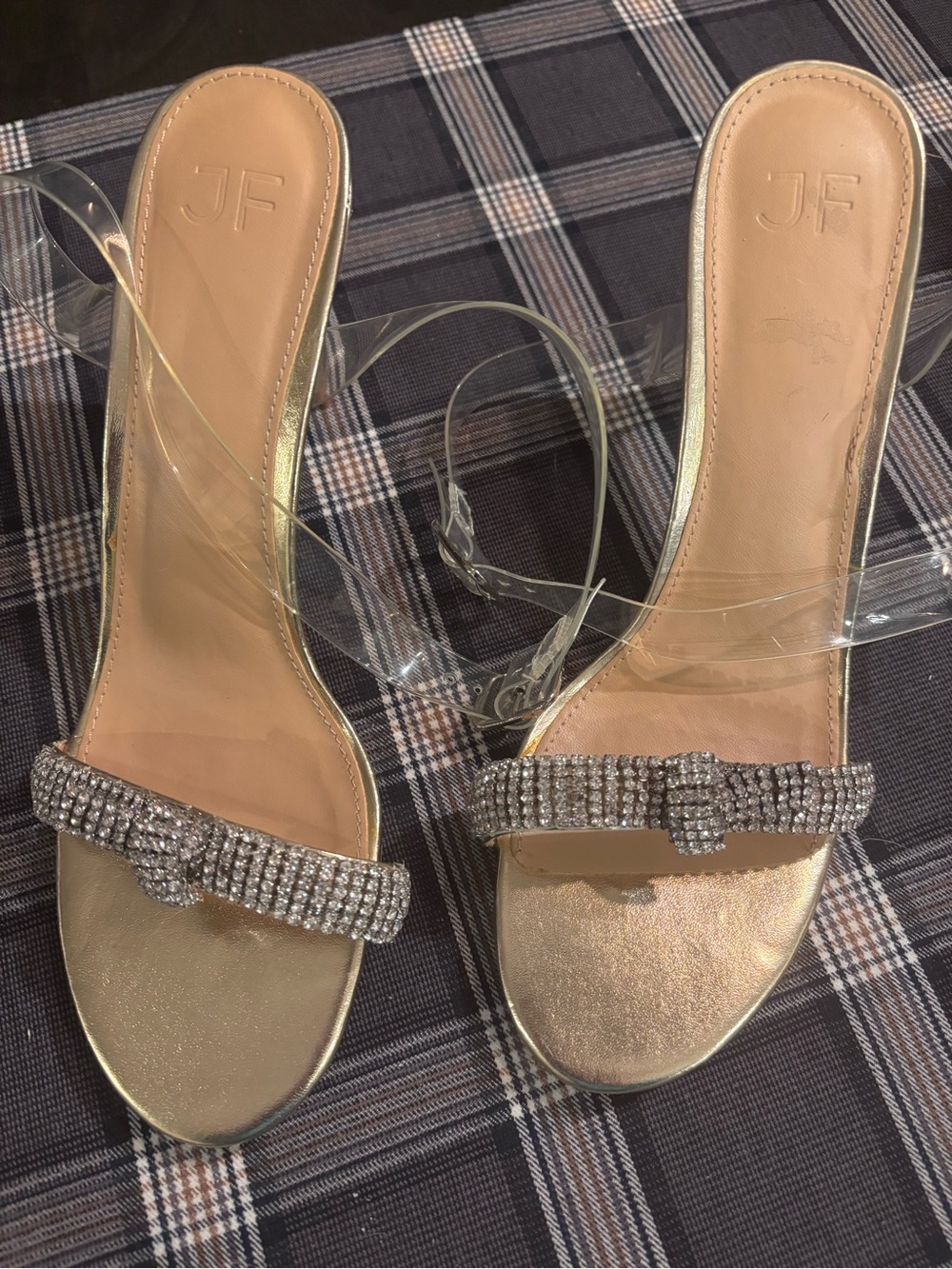 Maddie Gold Rhinestone Slide Heels with Clear Ankle Strap